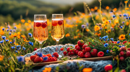 A Summer Champagne Picnic.Summertime Wine and Berries - obrazy, fototapety, plakaty