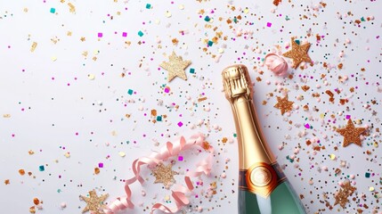 Champagne Bottle with Confetti Stars and Party Streamers on White Festive Background