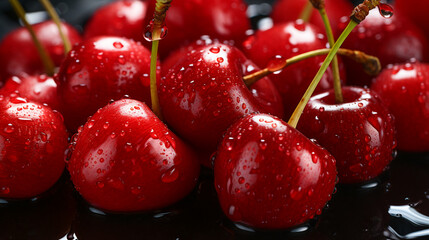 Closeup of Fresh Red Cherries with Water Droplets