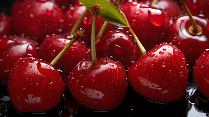 Closeup of Fresh Red Cherries with Water Droplets