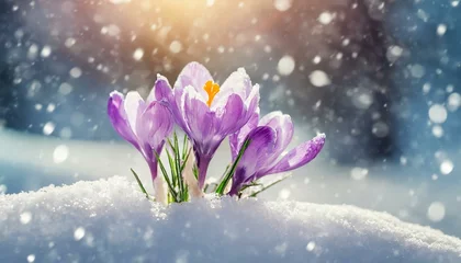 Schilderijen op glas Blooming Flowers in the Snow - Early bloom in Winter Landscape  © Eggy