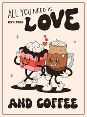 Valentine's Day vintage poster. Happy retro characters. Old animation 50s, 60s 70s, groovy cartoon mascots of coffee and sweets, donut, cupcake, espresso, latte, cocoa, cake. present.