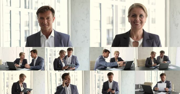 Two middle-aged colleagues in formal suits working together on project using laptop at workplace. Head shot portrait of mature businesspeople posing in modern office, multiple footages collage view