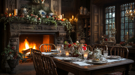 Fototapeta na wymiar Cozy Home for the Holidays. Christmas Table
