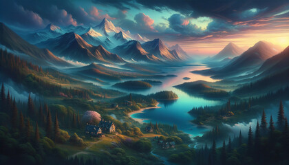 Surreal Mountain Valley at Sunset - Digital Landscape Art