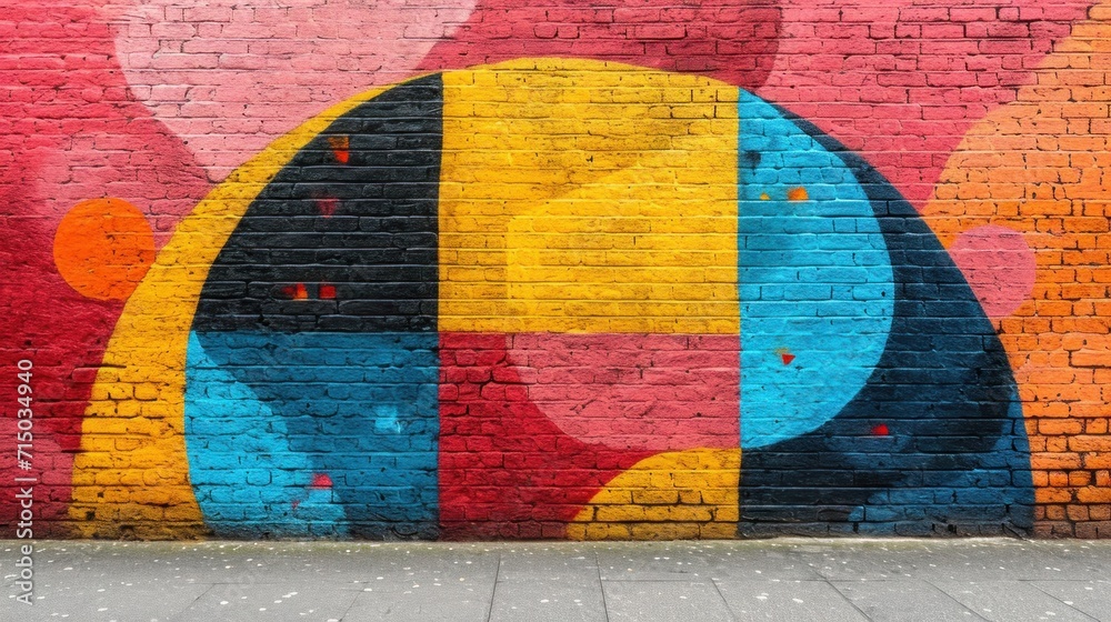 Poster  a brick wall with a colorful mural painted on it's side and a sidewalk in front of the wall.