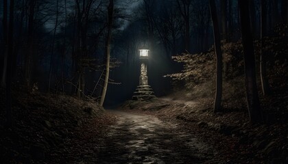 Split cobbled path in the middle of the forest at night, an old light pole - obrazy, fototapety, plakaty