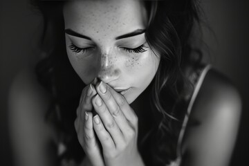 Spiritual 20s Person Feeling Gratitude and Godly Devotion with Eyes Closed and Hands Clenched in Prayer