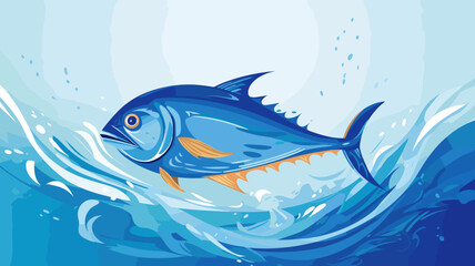 Fototapeta premium copy space, flat vector illustration, World tuna day, color illustration with the image of fish on waves in the water. Illustration for awareness of overfishing tuna and tuna-like species.