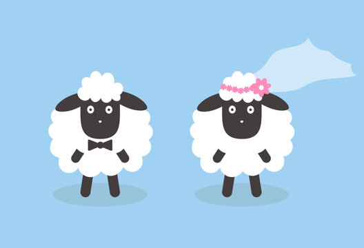 Romantic characters in love. Cute sheep Husband and wife. Cartoon bride and groom