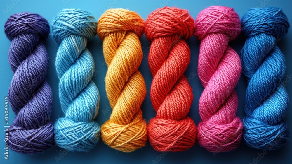 Canvas Prints  six skeins of multicolored yarn lined up in a row on a blue background with one skein of multicolored yarn.