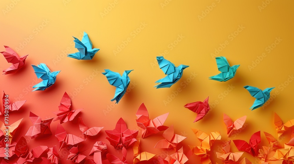 Canvas Prints  a group of origami birds sitting on top of a yellow and red wall next to a group of red origami birds.