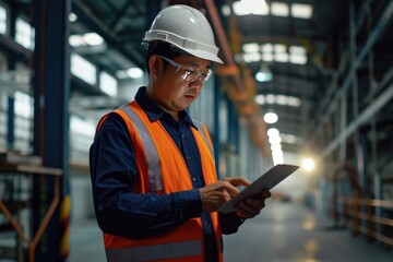 A male Asian worker wearing dark blue clothes and wearing an orange vest and a helmet is checking logistics in a tablet at a modern warehouse