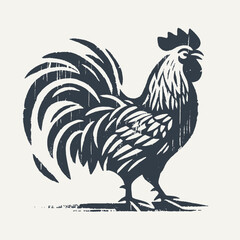 Rooster. Vintage block print style grunge effect vector illustration. Black and white.