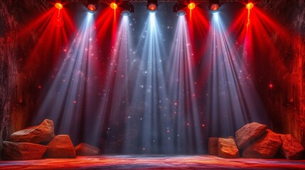 Dramatic empty stage with red spotlights and fog for theatrical performances
