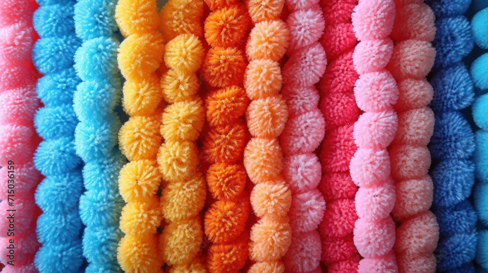 Canvas Prints  a group of multicolored pom poms are arranged in a rainbow - hued rainbow - hued pattern.