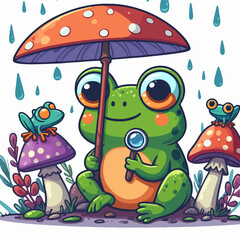 Naklejka premium Cartoon frog with mushrooms in the forest