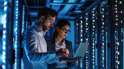 Male and a female IT professional in a data center, with the woman holding a tablet and the man observing, likely collaborating on a task.