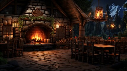 Inviting Atmosphere: Warm and Cozy Cabin Interior with a Crackling Fireplace - AI-Generative