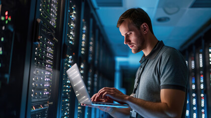Focused IT professional using a laptop while standing in a server room with racks of network equipment illuminated by blue lights