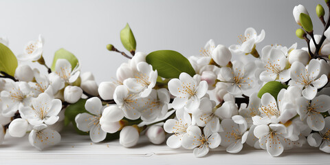 Cherry blossom branches on grey background. Spring white flower banner. Springtime easter theme.	
