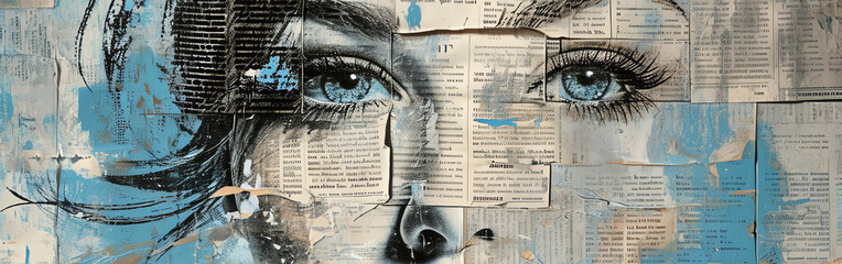portrait of a woman made with newspapers and paint, AI generated
