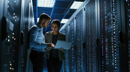 Male and a female IT professional in a data center, with the woman holding a tablet and the man observing, likely collaborating on a task.
