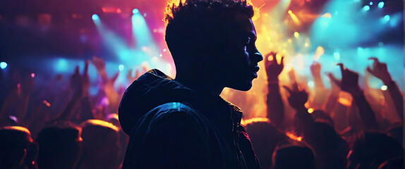 The Portrait in a silhouette double exposure. The Concert, a musician, is shown with intense color contrast, their face illuminated by vibrant stage lights, and their silhouette blending into a crowd 
