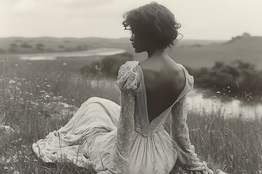 girl in a wedding dress against, retro style, black and white photo