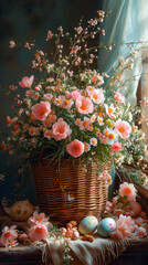 Naklejka premium Easter Eggs and Flower. Decorating Eggs in Springtime Splendor