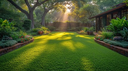  the sun shines brightly through the trees in the back yard of a home in the suburbs of houston, texas.