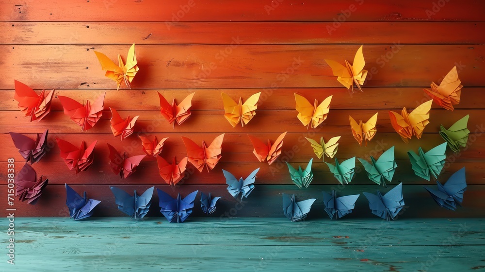 Poster a group of origami butterflies hanging on a wooden wall with a rainbow of colors in the middle of th