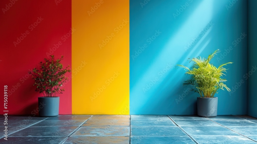 Poster a potted plant sitting on top of a tiled floor next to a rainbow colored wall and a potted plant wit