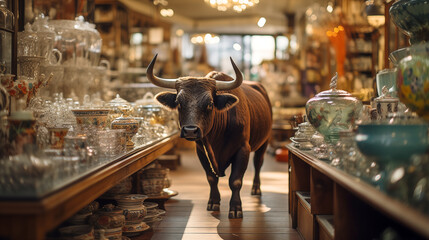 Very Large Bull with Horns in a China Shop Filled with Glassware. Generative AI. - obrazy, fototapety, plakaty