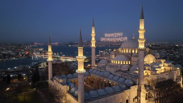 Ramadan Month Suleymaniye Mosque, Illuminated Letters Between Minarets (Mahya) Drone Video, Suleymaniye Fatih, Istanbul Turkey