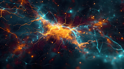 Closeup, design and brain neurons background for motion, neuroscience and chemistry dynamic. Ai generated, abstract and creative banner art for genetic impulse, neurology and psychedelic mockup space - obrazy, fototapety, plakaty