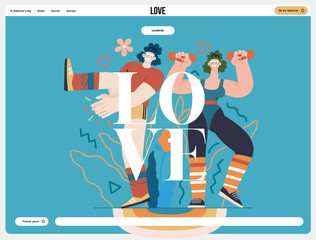 Valentine: Fitness Duo - modern flat vector concept illustration of a couple engaging in a fun aerobics workout together. Metaphor for the strength and vitality of their partnership