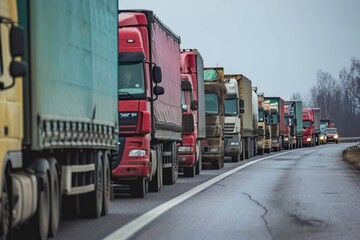 Naklejka premium A line of cargo loaded trucks on a road
