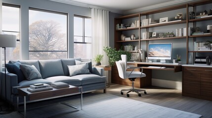 Fototapeta premium Inviting Tranquil Hybrid: A Cozy Guest Room-Home Office Combo with Tranquil Ambiance - AI-Generative