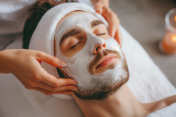 Handsome man relaxing with facial spa with white mask on face at spa salon,facial care and...