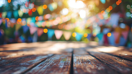 Wooden table scattered with colorful confetti and sprinkles, with a blurred background