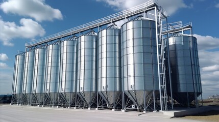 Fototapeta na wymiar Industrial grain silos under a clear blue sky for agricultural storage