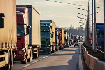 A large queue of trucks waiting in a row. Line of cargo or freight trucks