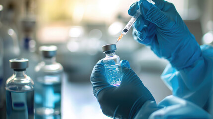 Close-up of a person's hands wearing blue gloves while drawing a clear liquid from a vial into a syringe, suggesting a medical or laboratory setting. - obrazy, fototapety, plakaty
