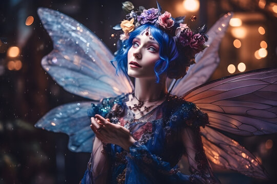 photograph of a little flying fairy woman