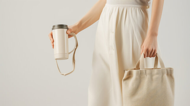 Woman is carrying a cloth bag and a tumbler to replace and reduce using plastic cups and plastic bags,Low carbon society Concept.
