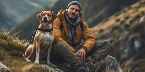 A man in hiking clothes resting from hiking in great outdoors landscape with a dog, with mountains...