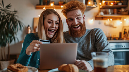 Joyful couple engaged in online shopping