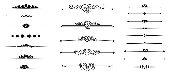 Set of decorative dividers with hearts. Text separators. Page decors in black. Design elements for holiday cards. Ornaments for Valentine's Day or wedding invitations. Vector illustration