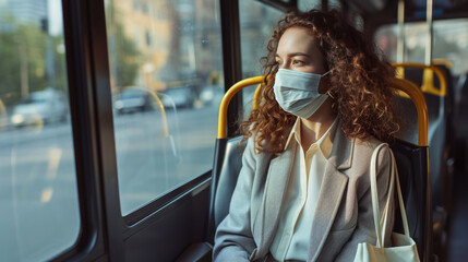 Young woman wearing a mask, sitting inside a bus or tram, looking out the window - obrazy, fototapety, plakaty